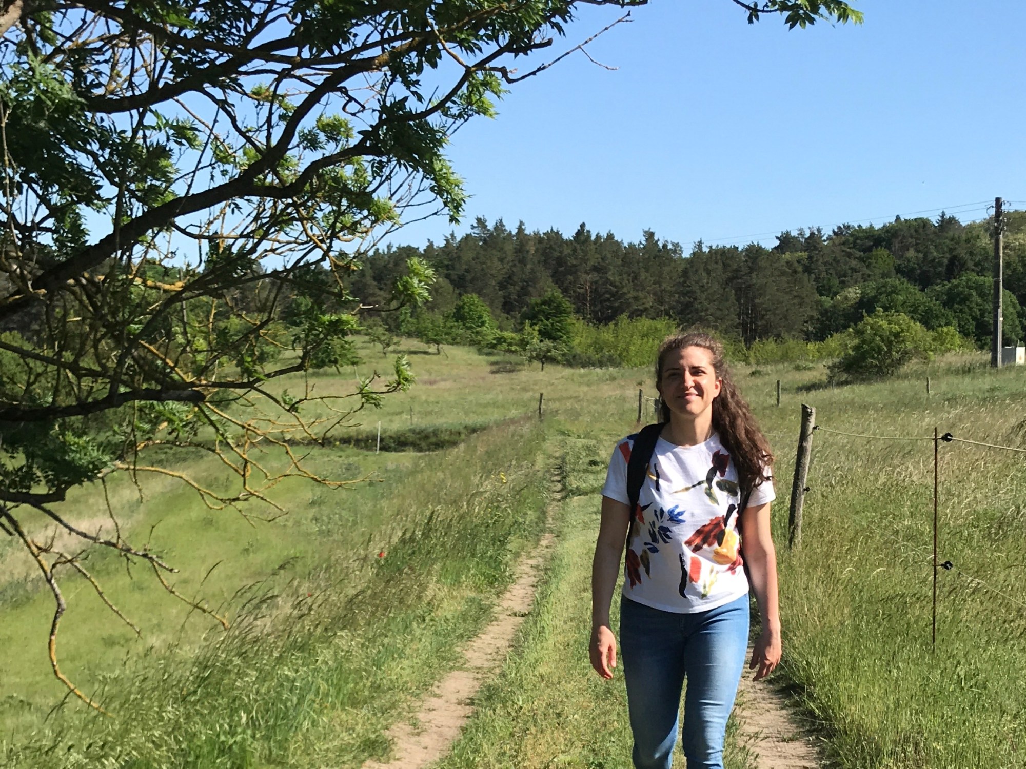 Donna cammina tra i sentieri di campagna, fuori Buckow, nella Märkische Schweiz - Brandeburgo, Germania