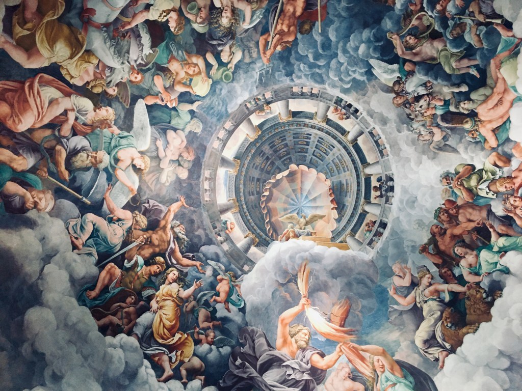 L'affresco che decora il soffitto de La Sala dei Giganti a Palazzo Te, opera di Giulio Romano - Mantova, Lombardia, Italia